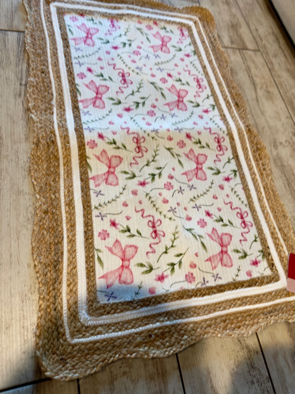 Cottagecore Bow Floral Accent Rug 27x45 | Jute Trim Handmade India - Picture 5 of 7